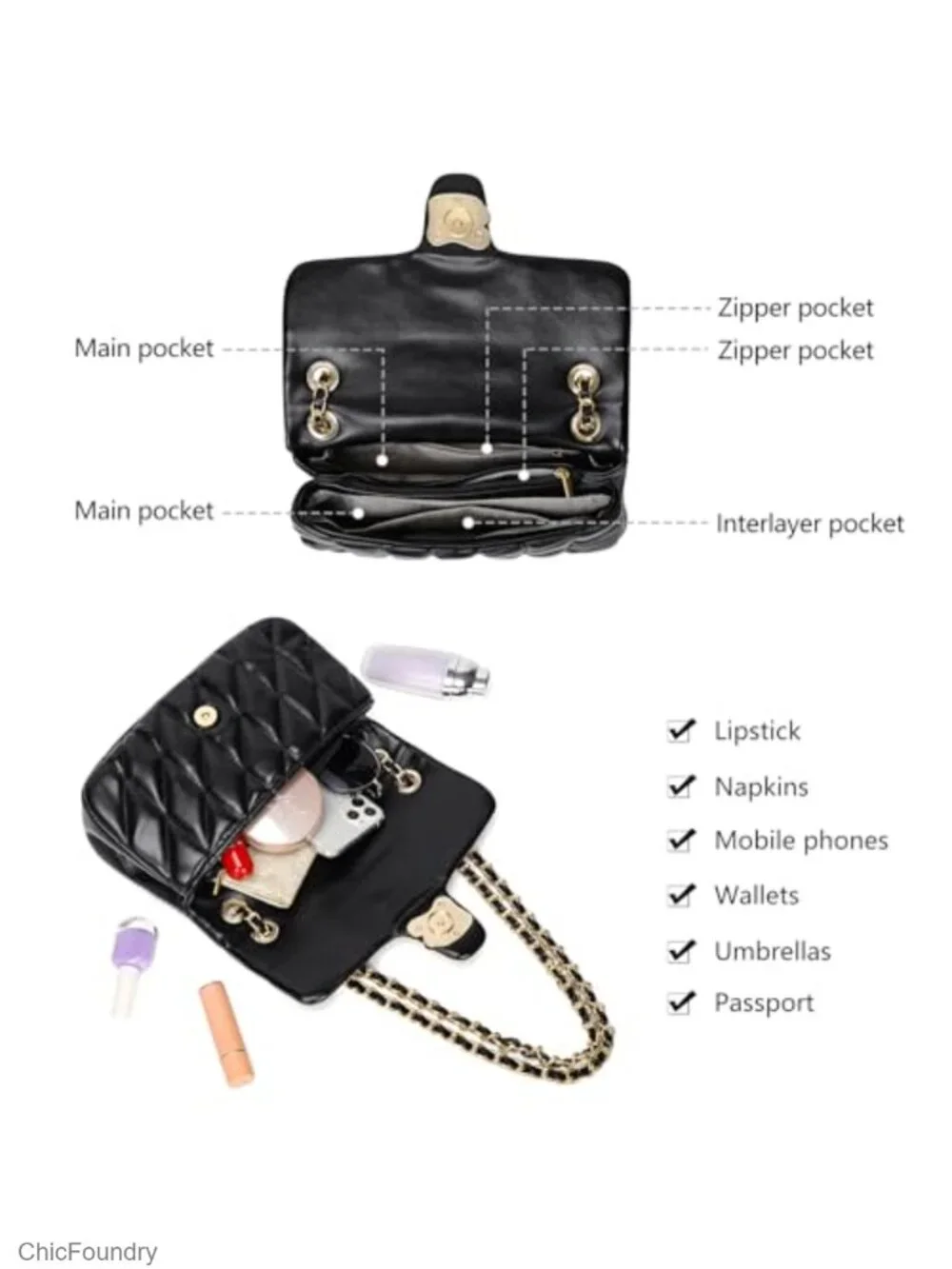 Quilted Vegan Leather Crossbody Satchel Purse w/ Chain Strap